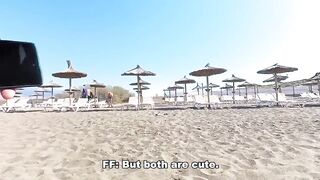 NUDIST BEACH WHORE exhibitionist amateur girl blowjobs stranger sorrounded by old voyeur men