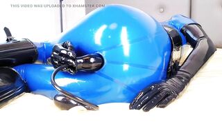 OnlyFans teaser - Anal toys in blue latex catsuit with red integrated vaginal and anal condoms!