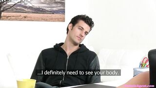 Female Agent American dude gives Euro blonde babe facial during a casting session