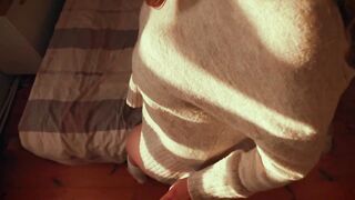 A winter morning with a hot wife. Big boobs in bra during cowgirl