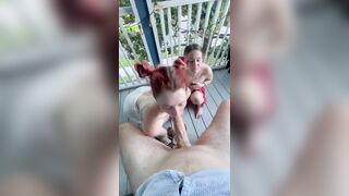 Two girls one guy ffm public blow job garden district balcony deep throat face fuck