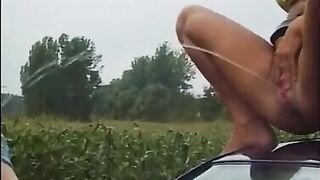 Pissing action, bbw girl,piss from driving car window