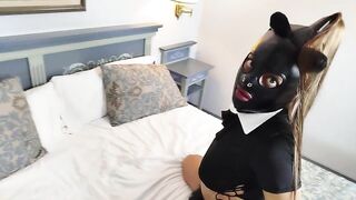 Latin girlfriend BDSM masked slave catsuit is banged by her master with slapping, whiping and anal plug till cum in her pussy