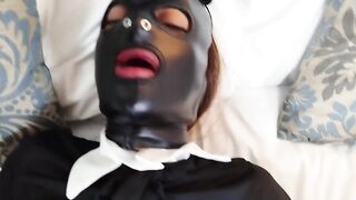 Latin girlfriend BDSM masked slave catsuit is banged by her master with slapping, whiping and anal plug till cum in her pussy