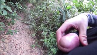 DICK FLASH IN FOREST: Sporty milf caught me jerking off and laughs at my huge cumshot