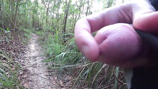 DICK FLASH IN FOREST: Sporty milf caught me jerking off and laughs at my huge cumshot