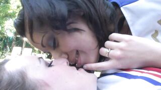 Cheerleader sluts lick each other's hole outdoors