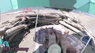 #2 Exhibitionist Wife Outdoor Amateur Milf Handjob Big Cock on Nudity Beach public in front of voyeur with cumshot - MissCreamy