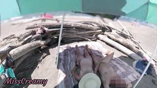#2 Exhibitionist Wife Outdoor Amateur Milf Handjob Big Cock on Nudity Beach public in front of voyeur with cumshot - MissCreamy