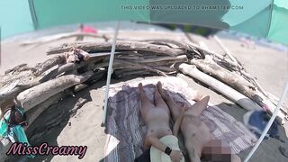 #2 Exhibitionist Wife Outdoor Amateur Milf Handjob Big Cock on Nudity Beach public in front of voyeur with cumshot - MissCreamy