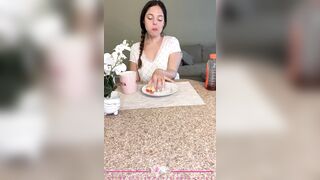 Amateur MILF Breakfast Roleplay Flashing and Rubbing Honey All Over Sticky Tits and Hairy Pussy