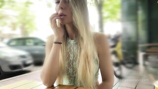 She cum with risky public masturbation in open cafe on the busy street. Transparent top, no panties.