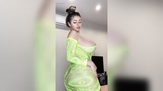 Elastic saggy wants to jump out of two cans of big natural saggy tits, oval, hard nipples transparent clothes