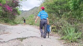Perverted old man fucks his busty stepdaughter in the jungle outdoors
