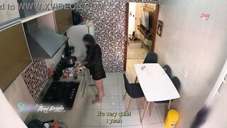 Hot wife Thay Ksada gets out of the shower and greets the delivery man in just a nightgown