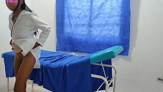 Horny and sexy nurse was touching her vagina in the doctor's office, then a patient came and persuaded him to have sex