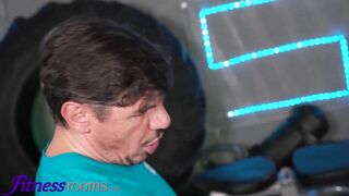 Fitness Rooms Beautiful brunettes double blowjob fast hard fuck hot threesome at the gym with two Euro babes
