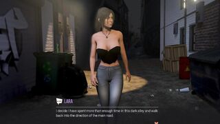Croft Adventures - Lara Croft sucks two huge cocks in an alleyway