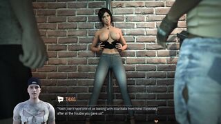 Croft Adventures - Lara Croft sucks two huge cocks in an alleyway