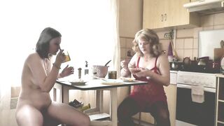 Lesbians. Family Nudism. Naturists. Adult woman blonde Milf and beautiful cute sexy brunette girl in stockings transparent negligee and naked. Natural tits. Perfect ass girl. Pussy. Fetish. Big tits