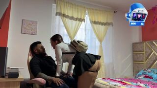 I'm alone with my sister's busty friend. We fuck without a condom, and I cum inside her.