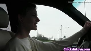 Babe eats pussy on the back seat 