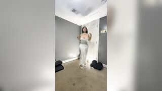 Hot trans cd in cute white dress teasing huge tits and ass