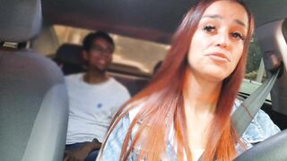 Slutty delivery driver catches gifted passenger masturbating from behind!
