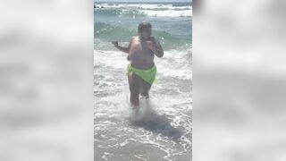 Natural Big Booty - Thick Legs Tease - Big Tits Areolas - Beach - Wet Hair - Walking in heels Thong G String - Latina BBW