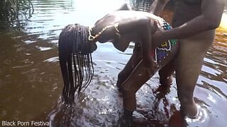 Hot skinny African village not even surprised to get fuck unexpectedly while she was bathing outdoor in the forrest