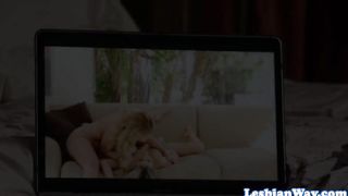 Blonde lesbian masturbates before oral sex