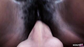 Skinny Black Ebony Girl with Dark Skin and Hairy Pussy get Interracial Sex with Deep Creampie by White Guy