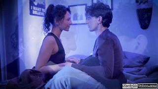 Stepdad directs his stepdaughters gf Liz Jordan to his stepsons bedroom.They anal fuck while his stepdad gets sucked off by another gf Hailey Rose