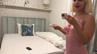 Flexible blonde cheerleader with her friend wears a transparent pink dress with a thong which does not cover pussy or ass