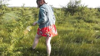 Beautiful sweet cute brunette girl Assol outside In nature without panties in short dress. Wild beach. Ass. Hairy pussy. Doggystyle. Short skirt. Teenager. Teen. Virgin. Student. No panties In public