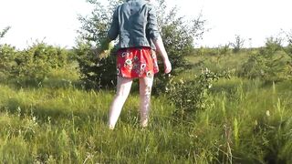 Beautiful sweet cute brunette girl Assol outside In nature without panties in short dress. Wild beach. Ass. Hairy pussy. Doggystyle. Short skirt. Teenager. Teen. Virgin. Student. No panties In public