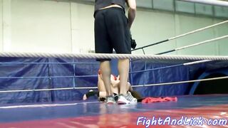 Petite wrestling lesbians play with strapon