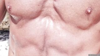 Sexy guy walks naked on the beach and touches his cock in a risky way - small cumshot