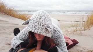 Ginger Redhead Amateur Public Cold Winter Beach Blowjob CIM & Cum Swallow