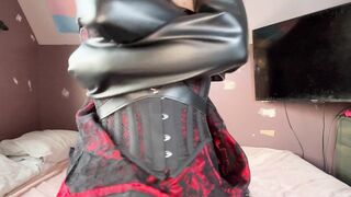 Self bondage in straitjacket and corset dress gone wrong stuck all night