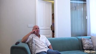 Hot brunette seduces grandpa and fucks him on the couch