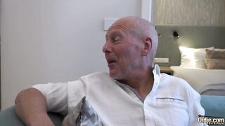 Hot brunette seduces grandpa and fucks him on the couch