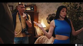 French Brunette with Fake Enhanced Huge Boobs Gets Her Nipples Sucked while Frozen in Time