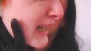 Two leather dominatrix whip redheaded slave on ass until she cries