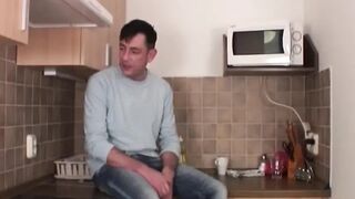 Blonde German granny gats a facial after fuck in kitchen