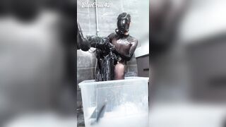 Femboy extreme enema, belly inflation, lube play, latex total enclosure, anal masturbation