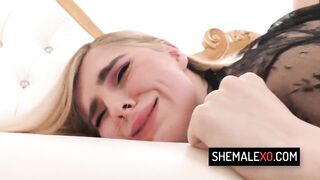 Small tgirl teen Jean Hollywood wearing a sheer top and rides on hard rod