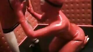 Submissive lesbian slut anal inflatation in latex black body