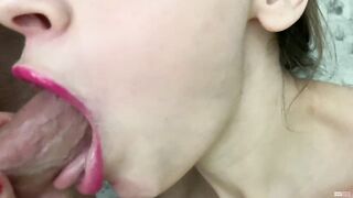 Close up red lipstick oral pleasure and cum in throat