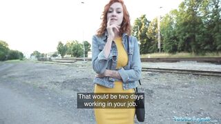 Public Agent Hot redhead waitress sucks schlong and gets drilled doggy position outside in public